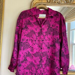 Fuchsia Rose Print Made in Italy Button Front & Cuff Silky Blouse Lg